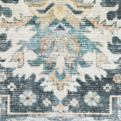 5' X 7' Blue Ivory Teal Brown And Gold Oriental Printed Stain Resistant Non Skid Area Rug