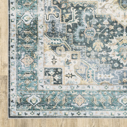 5' X 7' Blue Ivory Teal Brown And Gold Oriental Printed Stain Resistant Non Skid Area Rug