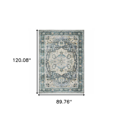 7' X 10' Blue Ivory Teal Brown And Gold Oriental Printed Stain Resistant Non Skid Area Rug