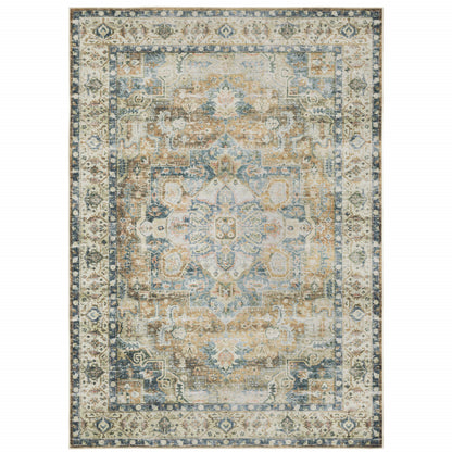 5' X 7' Blue Gold Brown Green And Salmon Oriental Printed Stain Resistant Non Skid Area Rug