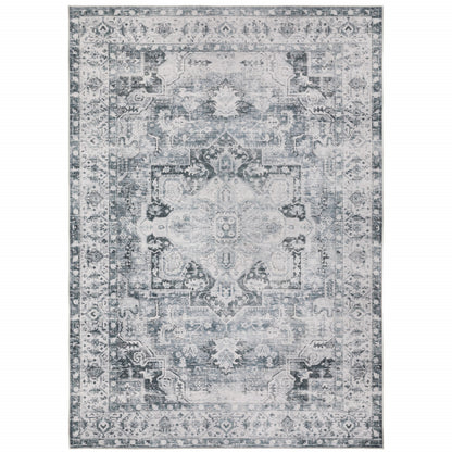 4' X 6' Navy Blue Ivory And Grey Oriental Printed Stain Resistant Non Skid Area Rug