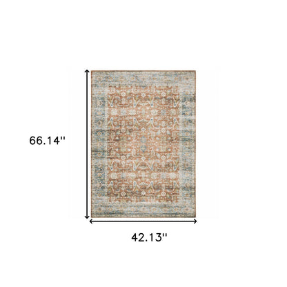 4' X 6' Rust Blue Ivory And Gold Oriental Printed Stain Resistant Non Skid Area Rug