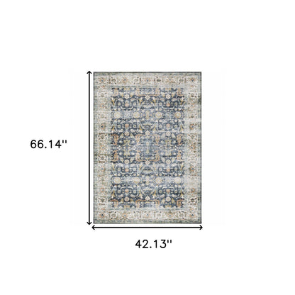4' X 6' Blue Gold Rust Ivory And Olive Oriental Printed Stain Resistant Non Skid Area Rug