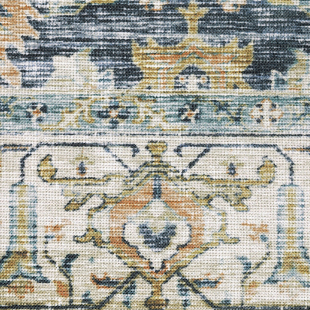 4' X 6' Blue Gold Rust Ivory And Olive Oriental Printed Stain Resistant Non Skid Area Rug