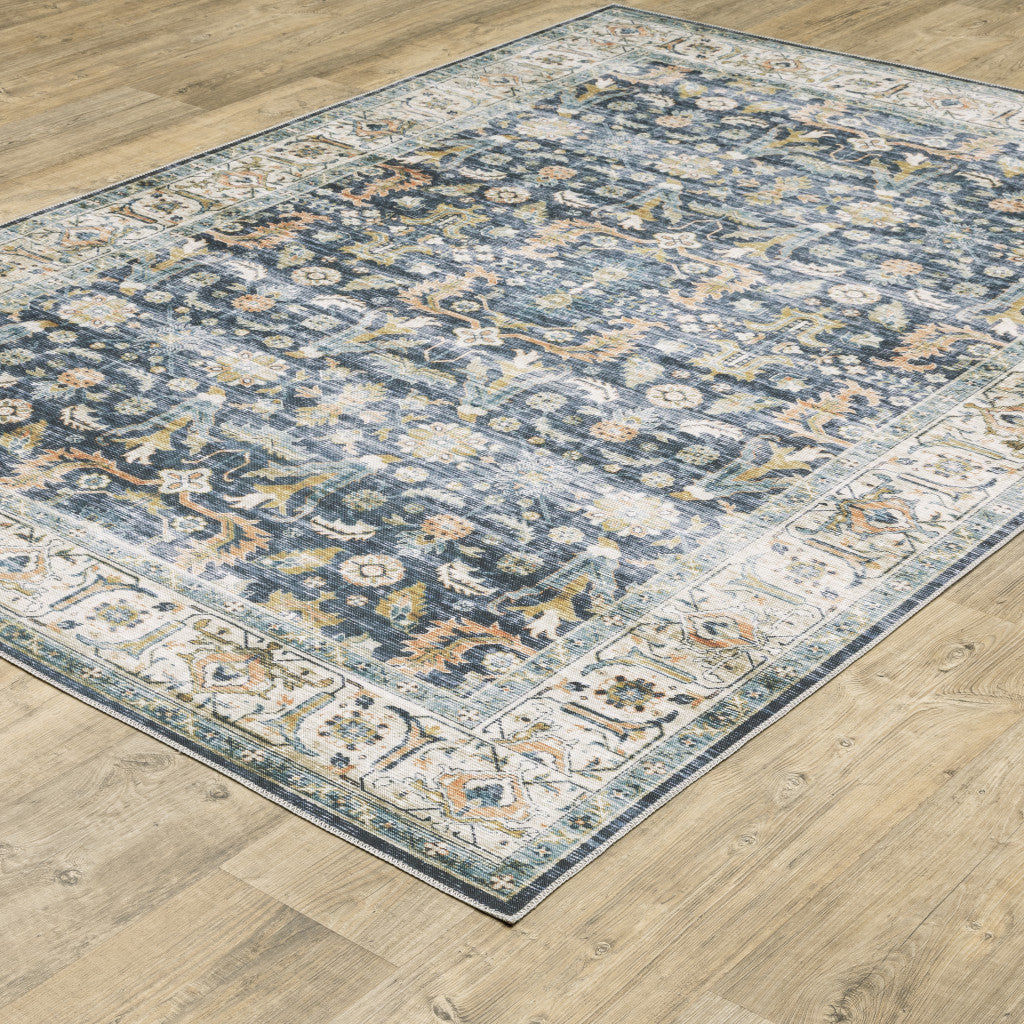 7' X 10' Blue Gold Rust Ivory And Olive Oriental Printed Stain Resistant Non Skid Area Rug