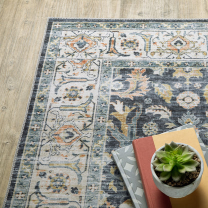 7' X 10' Blue Gold Rust Ivory And Olive Oriental Printed Stain Resistant Non Skid Area Rug