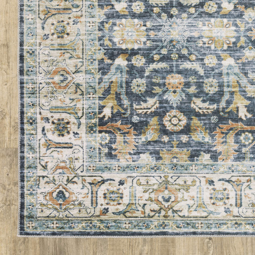 7' X 10' Blue Gold Rust Ivory And Olive Oriental Printed Stain Resistant Non Skid Area Rug