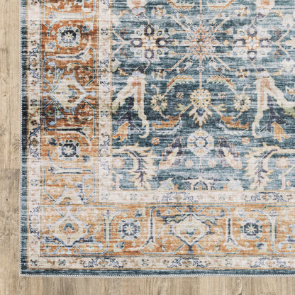 2' X 8' Blue Rust Gold And Olive Oriental Printed Stain Resistant Non Skid Runner Rug