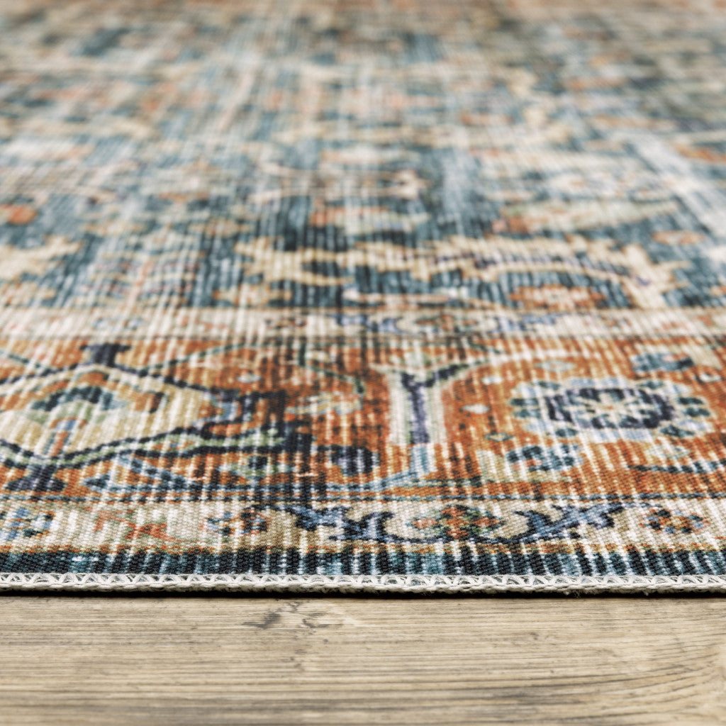 7' X 10' Blue Rust Gold And Olive Oriental Printed Stain Resistant Non Skid Area Rug