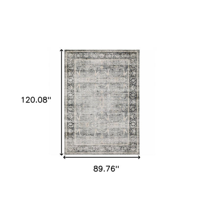 7' X 10' Charcoal Grey Salmon And Ivory Oriental Printed Stain Resistant Non Skid Area Rug