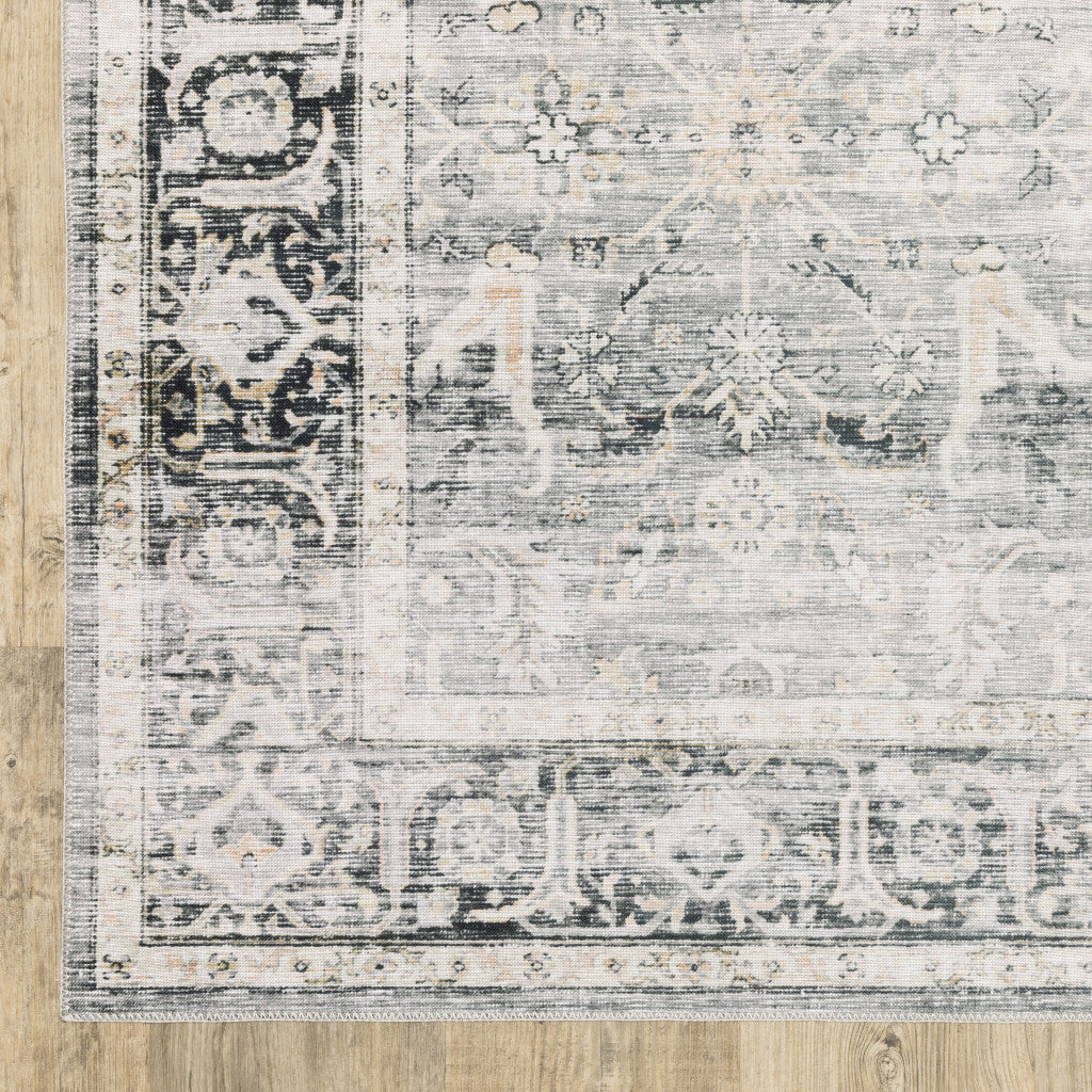 7' X 10' Charcoal Grey Salmon And Ivory Oriental Printed Stain Resistant Non Skid Area Rug