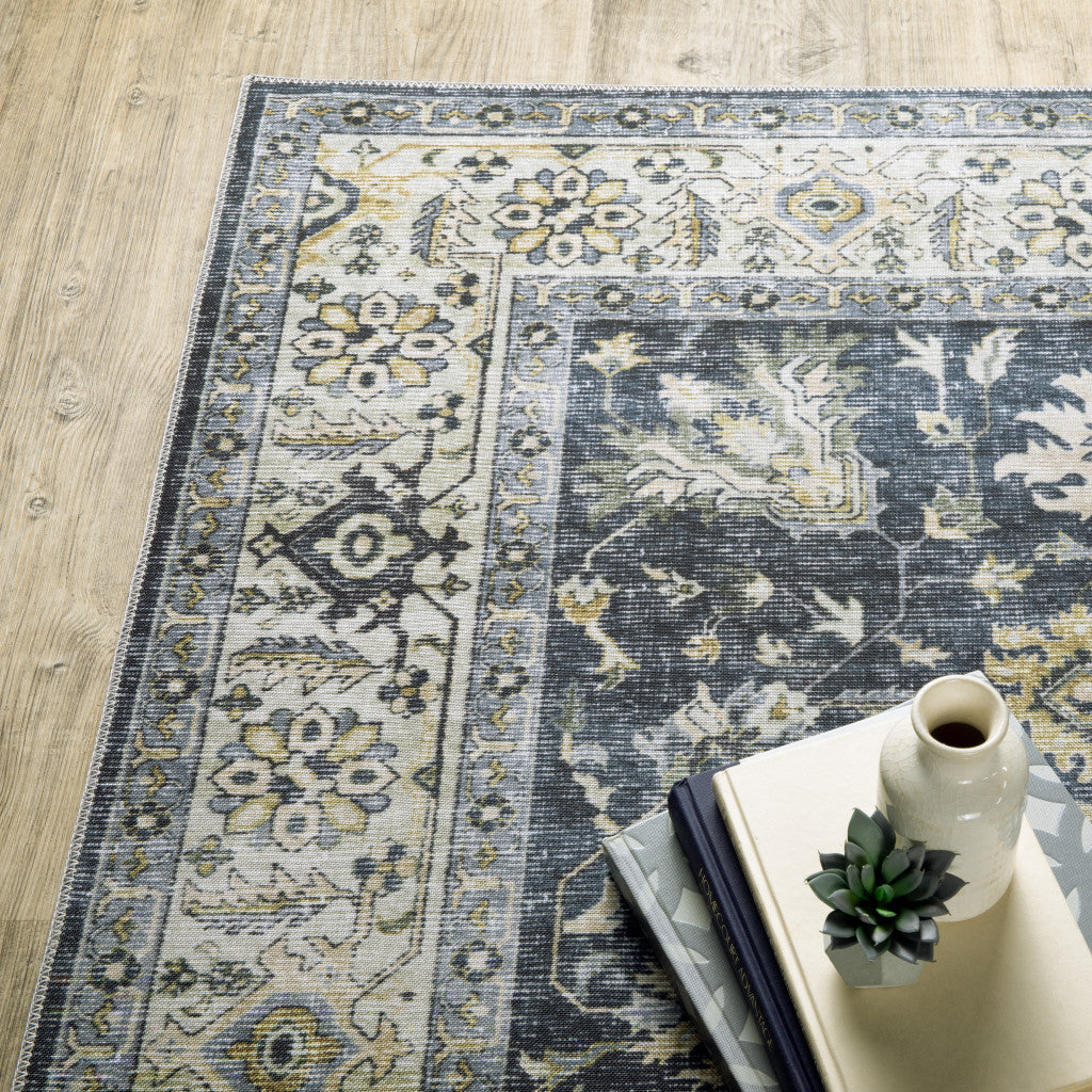 4' X 6' Blue Gold Green And Ivory Oriental Printed Stain Resistant Non Skid Area Rug
