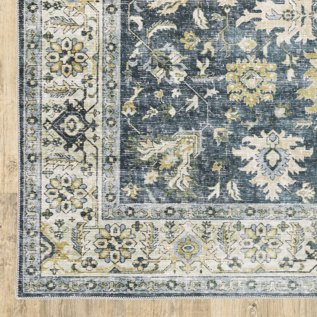 4' X 6' Blue Gold Green And Ivory Oriental Printed Stain Resistant Non Skid Area Rug