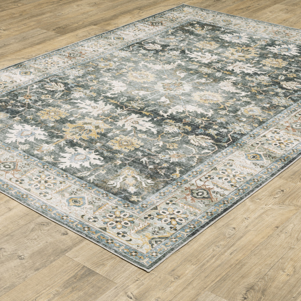 4' X 6' Grey Charcoal Gold Brown Ivory Pale Sage And Light Blue Oriental Printed Stain Resistant Non Skid Area Rug