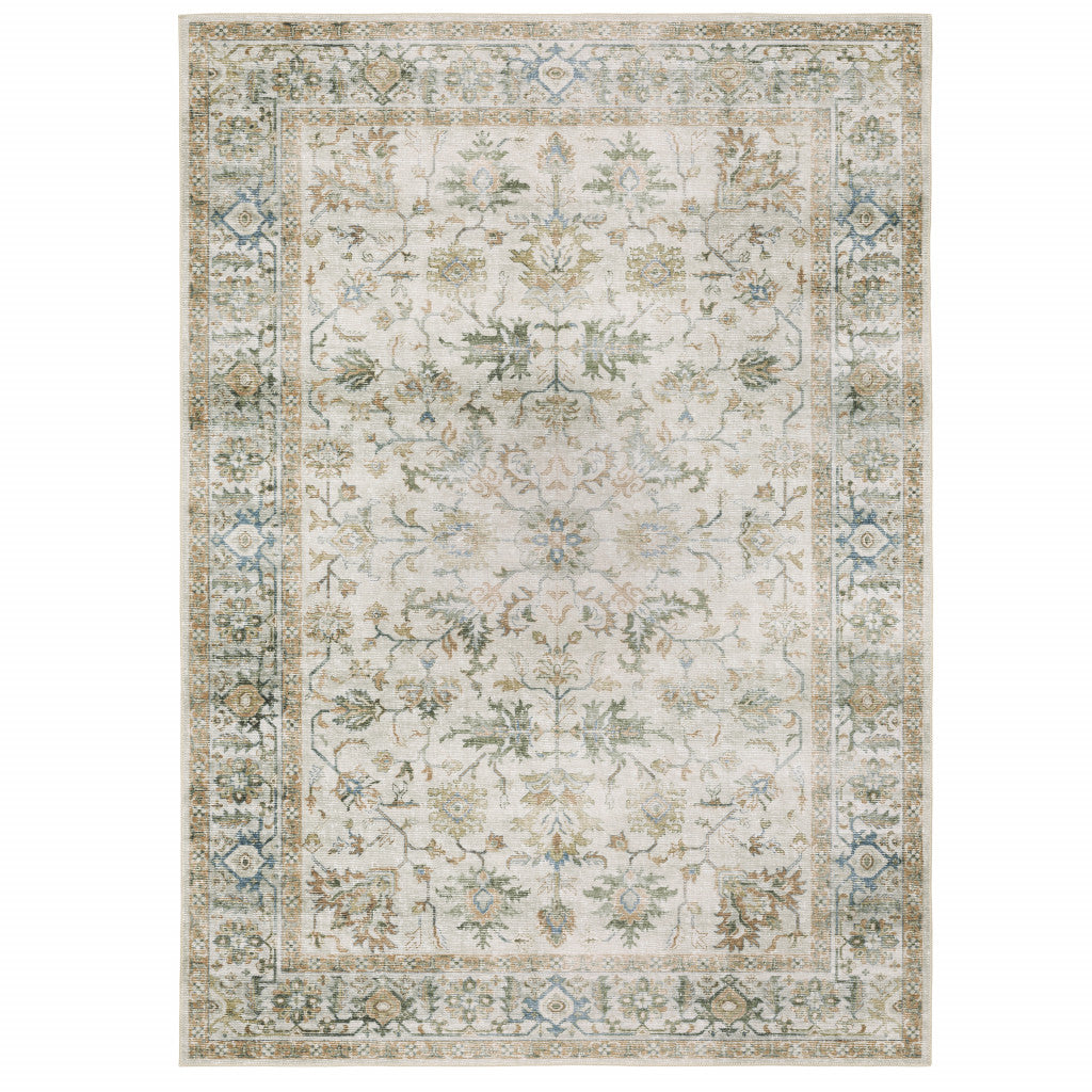 5' X 7' Grey Orange Blue Gold Green And Rust Oriental Printed Stain Resistant Non Skid Area Rug
