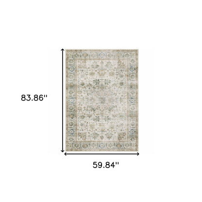 5' X 7' Grey Orange Blue Gold Green And Rust Oriental Printed Stain Resistant Non Skid Area Rug