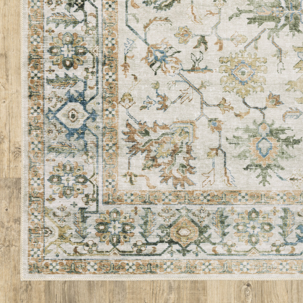 5' X 7' Grey Orange Blue Gold Green And Rust Oriental Printed Stain Resistant Non Skid Area Rug