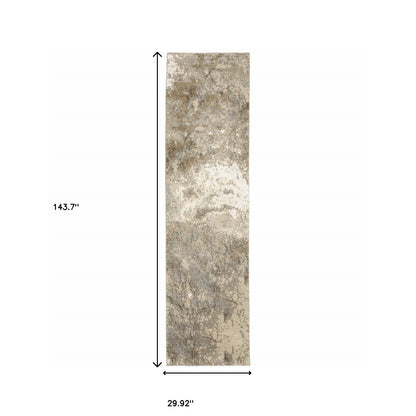 12' Grey Beige And Ivory Abstract Power Loom Runner Rug