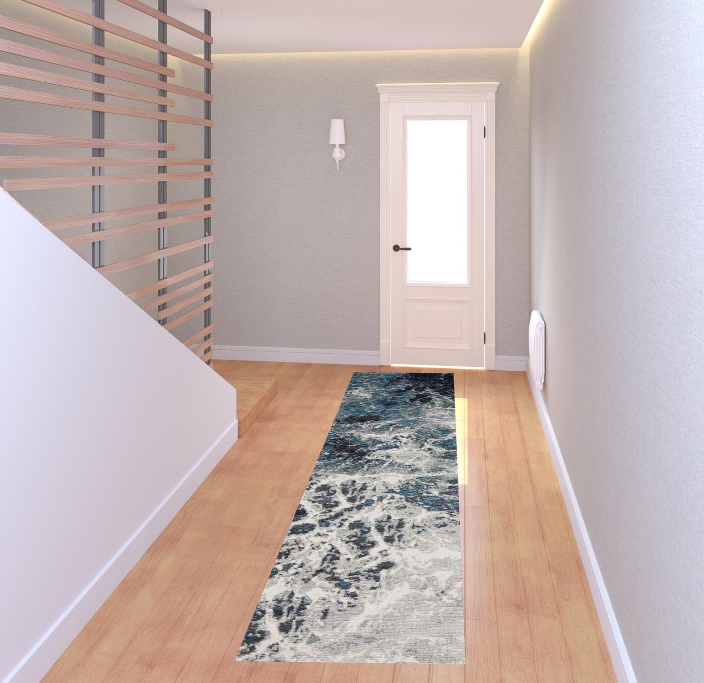 2' X 8' Grey Teal And Green Abstract Power Loom Stain Resistant Runner Rug