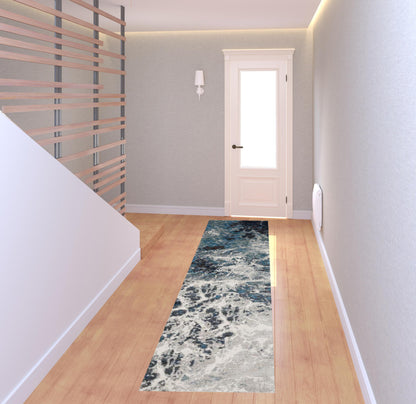 2' X 8' Grey Teal And Green Abstract Power Loom Stain Resistant Runner Rug
