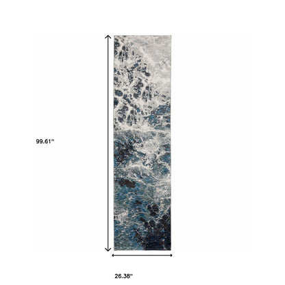 2' X 8' Grey Teal And Green Abstract Power Loom Stain Resistant Runner Rug