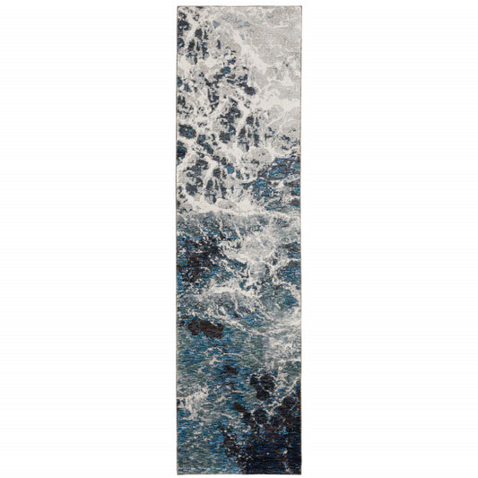 2' X 10' Grey Teal And Green Abstract Power Loom Stain Resistant Runner Rug