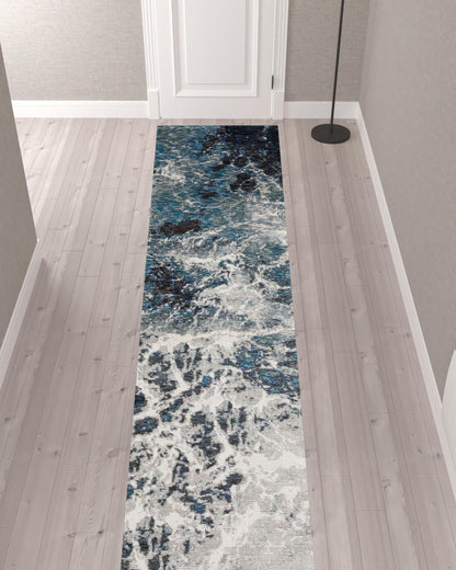 2' X 10' Grey Teal And Green Abstract Power Loom Stain Resistant Runner Rug