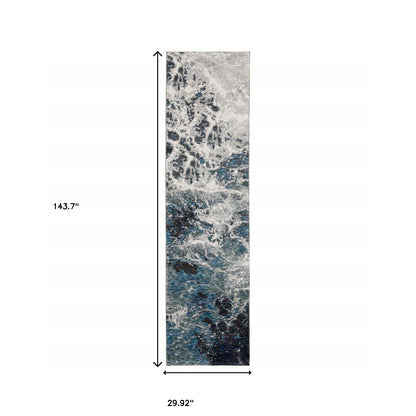 2' X 10' Grey Teal And Green Abstract Power Loom Stain Resistant Runner Rug