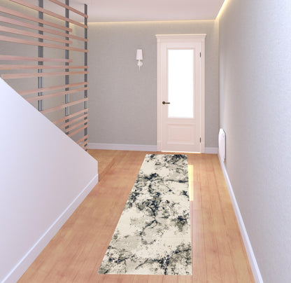 2' X 8' Grey Black And Ivory Abstract Power Loom Stain Resistant Runner Rug