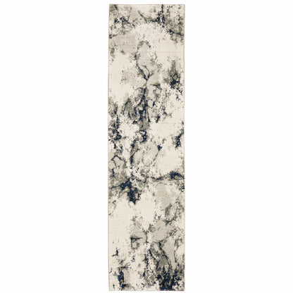 2' X 10' Grey Black And Ivory Abstract Power Loom Stain Resistant Runner Rug
