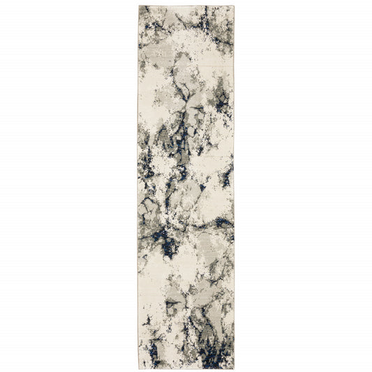 2' X 10' Grey Black And Ivory Abstract Power Loom Stain Resistant Runner Rug