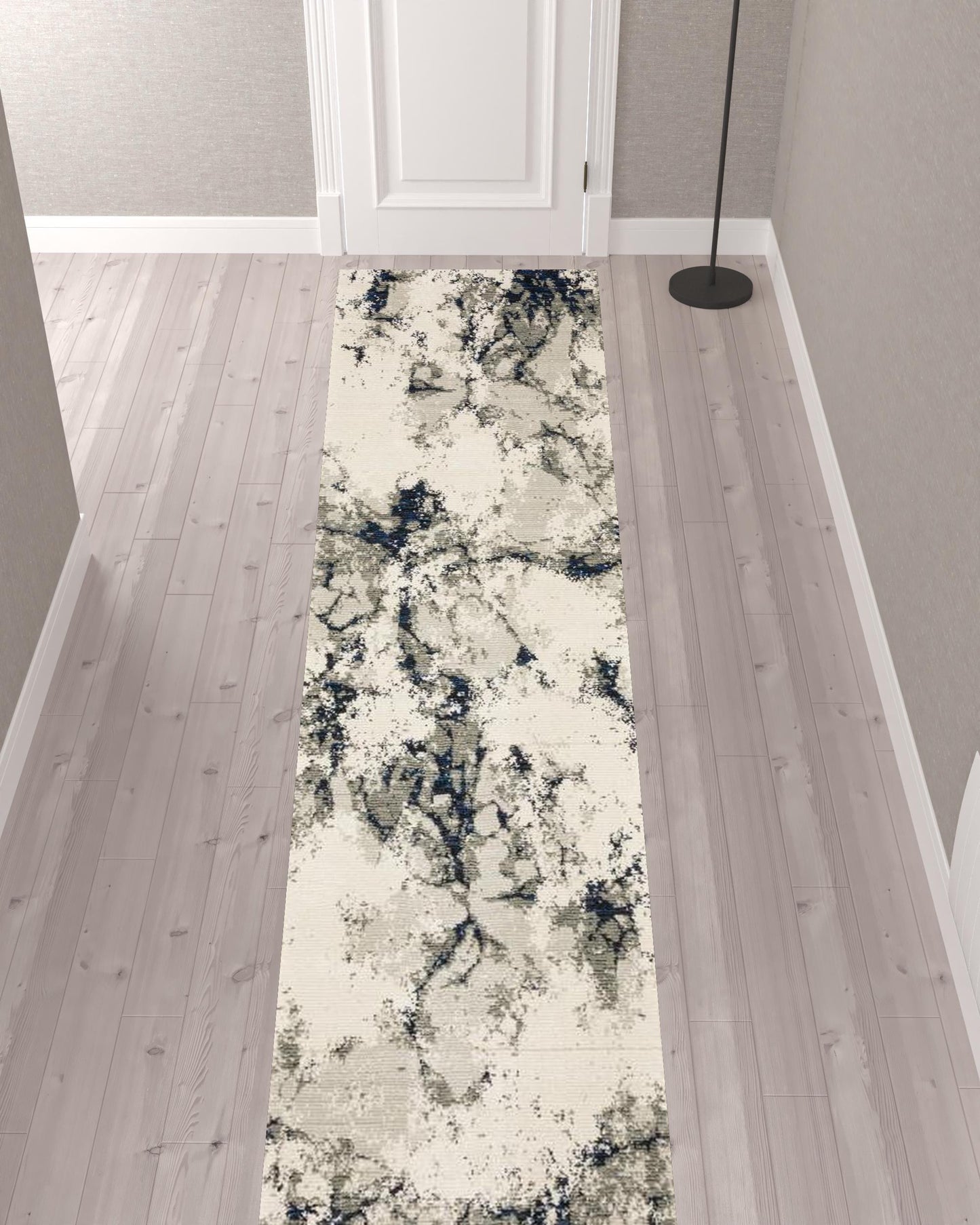 2' X 10' Grey Black And Ivory Abstract Power Loom Stain Resistant Runner Rug