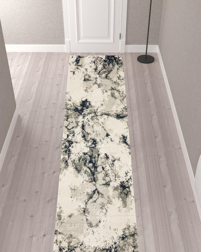 2' X 10' Grey Black And Ivory Abstract Power Loom Stain Resistant Runner Rug