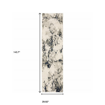 2' X 10' Grey Black And Ivory Abstract Power Loom Stain Resistant Runner Rug