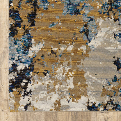 10' X 13' Gold Grey And Ivory Abstract Power Loom Stain Resistant Area Rug