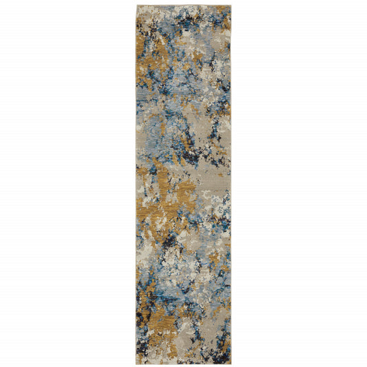 2' X 8' Gold Grey And Ivory Abstract Power Loom Stain Resistant Runner Rug