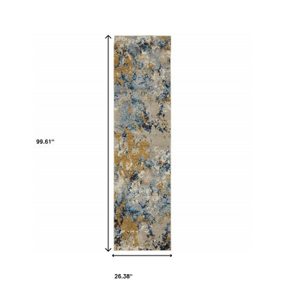 2' X 8' Gold Grey And Ivory Abstract Power Loom Stain Resistant Runner Rug