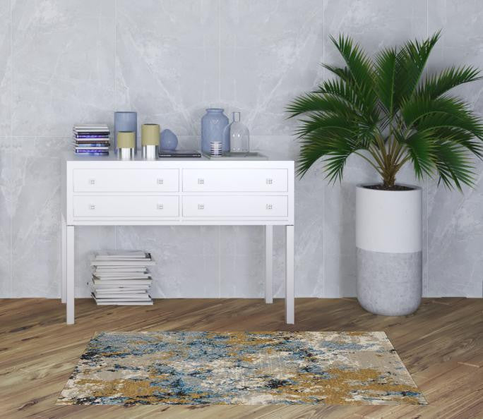 3' X 5' Gold Grey And Ivory Abstract Power Loom Stain Resistant Area Rug