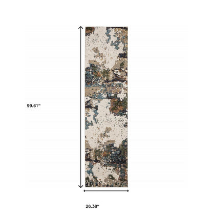 2' X 8' Green Gold And Blue Abstract Power Loom Stain Resistant Runner Rug