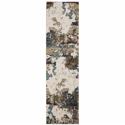 2' X 10' Green Gold And Blue Abstract Power Loom Stain Resistant Runner Rug