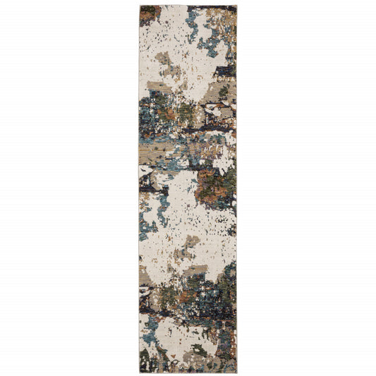 2' X 10' Green Gold And Blue Abstract Power Loom Stain Resistant Runner Rug