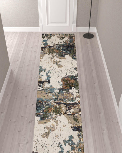 2' X 10' Green Gold And Blue Abstract Power Loom Stain Resistant Runner Rug