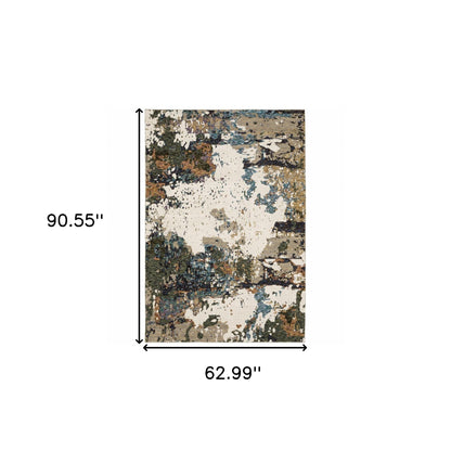 5' X 7' Green Gold And Blue Abstract Power Loom Stain Resistant Area Rug