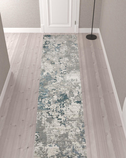 2' X 10' Blue Beige And Teal Abstract Power Loom Stain Resistant Runner Rug