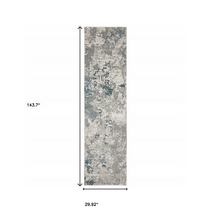 2' X 10' Blue Beige And Teal Abstract Power Loom Stain Resistant Runner Rug