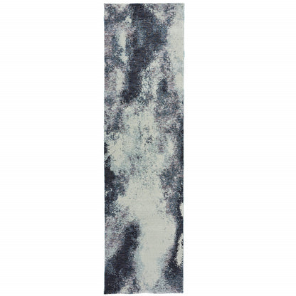 2' X 10' Navy And Ivory Abstract Power Loom Stain Resistant Runner Rug