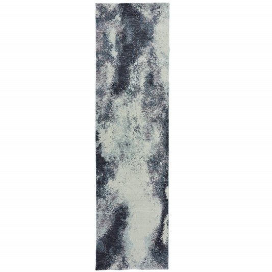 2' X 10' Navy And Ivory Abstract Power Loom Stain Resistant Runner Rug