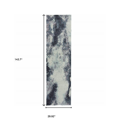 2' X 10' Navy And Ivory Abstract Power Loom Stain Resistant Runner Rug