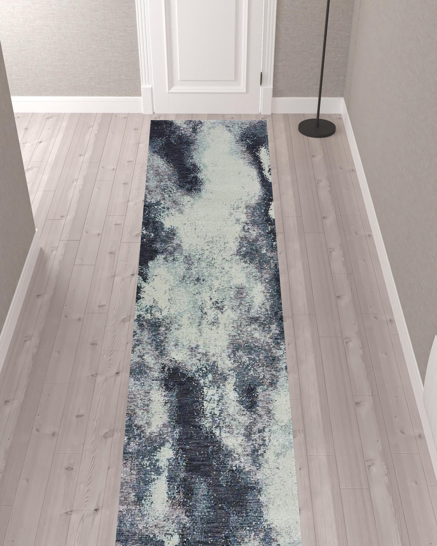 2' X 10' Navy And Ivory Abstract Power Loom Stain Resistant Runner Rug