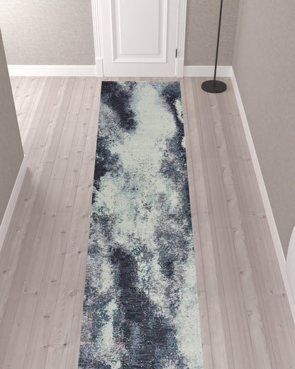 2' X 10' Navy And Ivory Abstract Power Loom Stain Resistant Runner Rug
